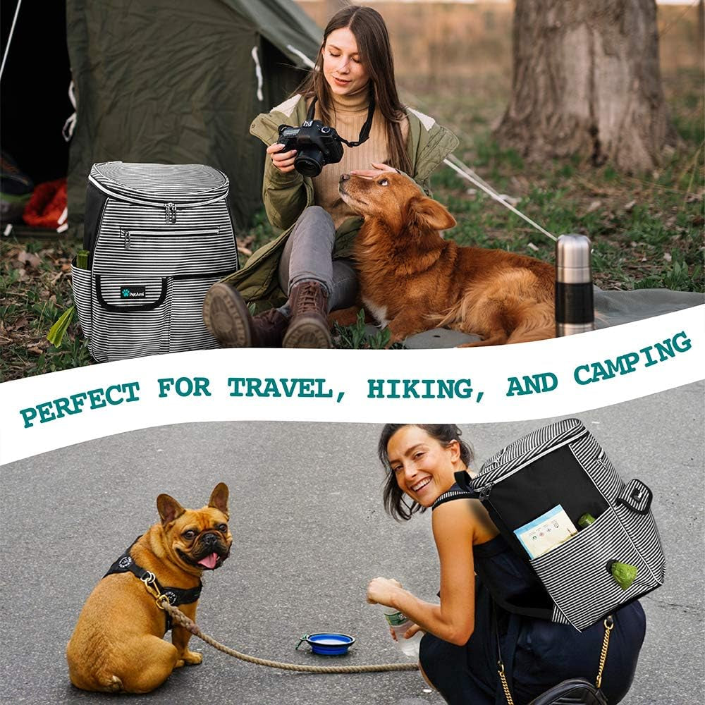 Dog Travel Bag Backpack, Airline Approved Dog Bags for Traveling, Puppy Diaper Bag Supplies, Pet Camping Essentials Hiking Accessories Gift, Food Container, Collapsible Bowls, Stripe Black