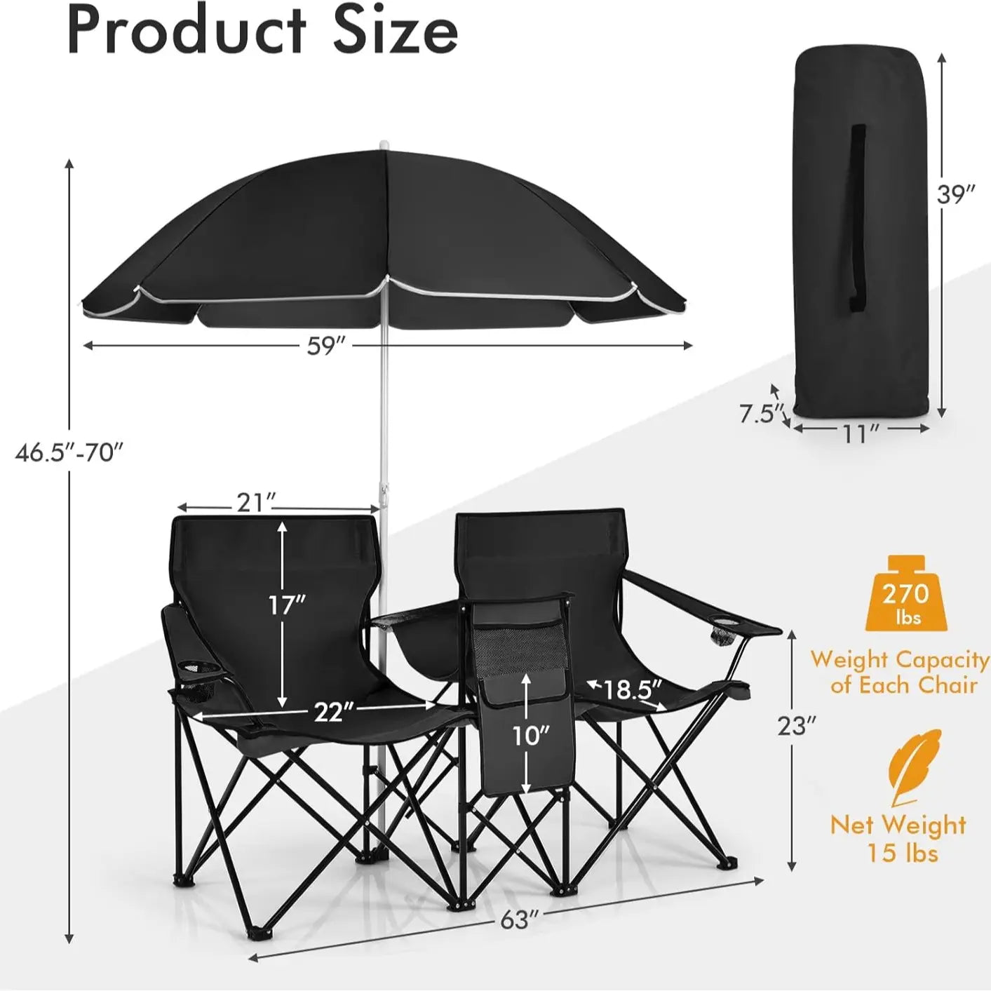 [Mother'S Day Gift] COSTWAY Double Portable Picnic Chairs, Folding Camping Chairs W/Detachable Umbrella, Cooler Bag, Cup Holders, Patio Beach Camping Chairs for Outdoors Football Baseball Season