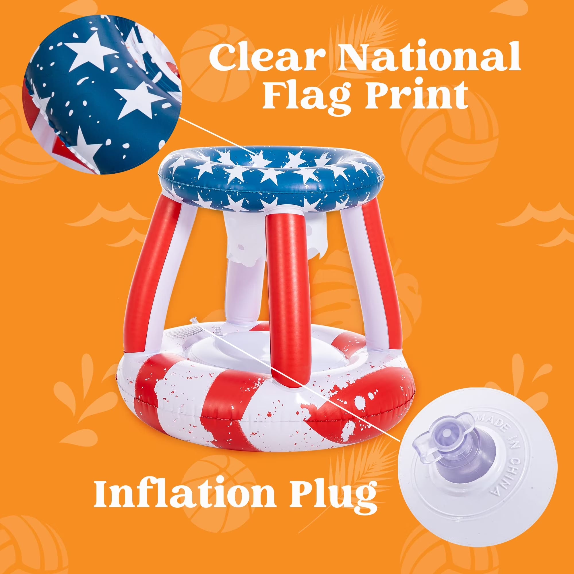 Inflatable Pool Floats Set American Flag Volleyball Net & Basketball Hoops, Summer Swimming Pool Game Toy for Adults & Kids