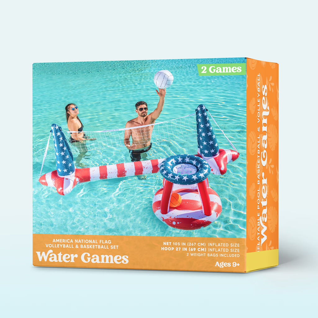 Inflatable Pool Floats Set American Flag Volleyball Net & Basketball Hoops, Summer Swimming Pool Game Toy for Adults & Kids