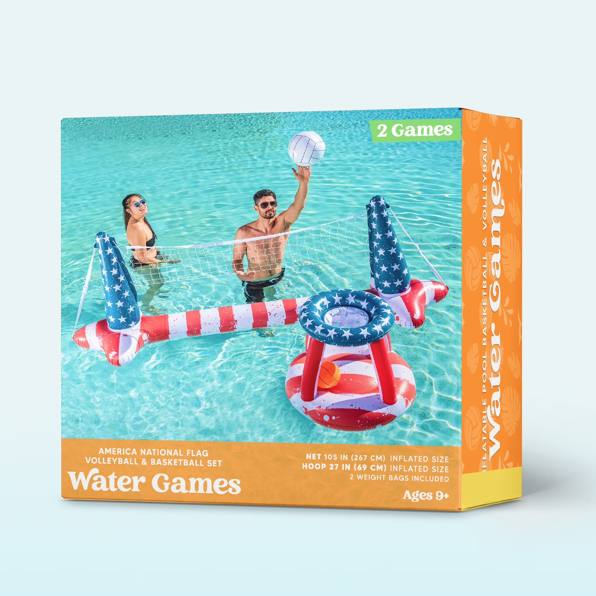 Inflatable Pool Floats Set American Flag Volleyball Net & Basketball Hoops, Summer Swimming Pool Game Toy for Adults & Kids