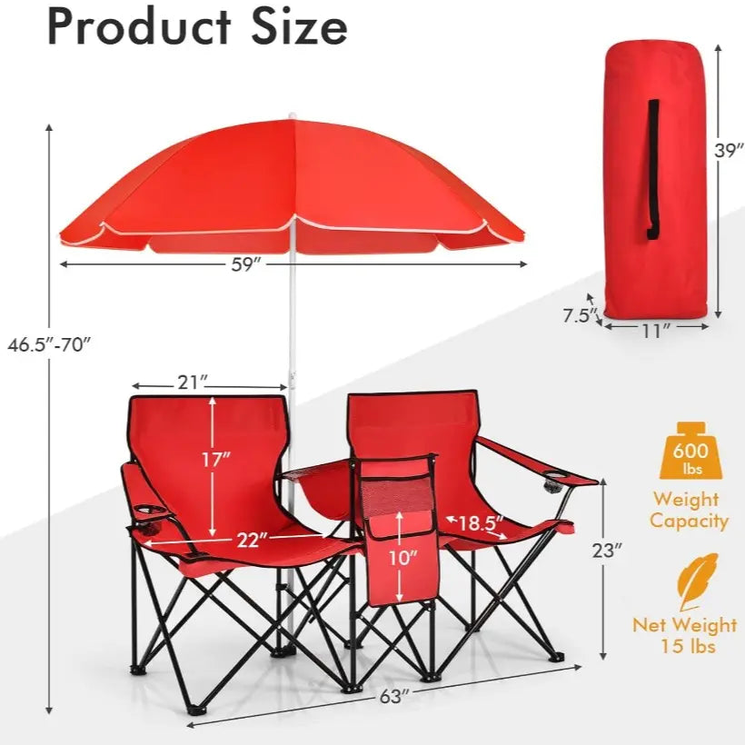 [Mother'S Day Gift] COSTWAY Double Portable Picnic Chairs, Folding Camping Chairs W/Detachable Umbrella, Cooler Bag, Cup Holders, Patio Beach Camping Chairs for Outdoors Football Baseball Season