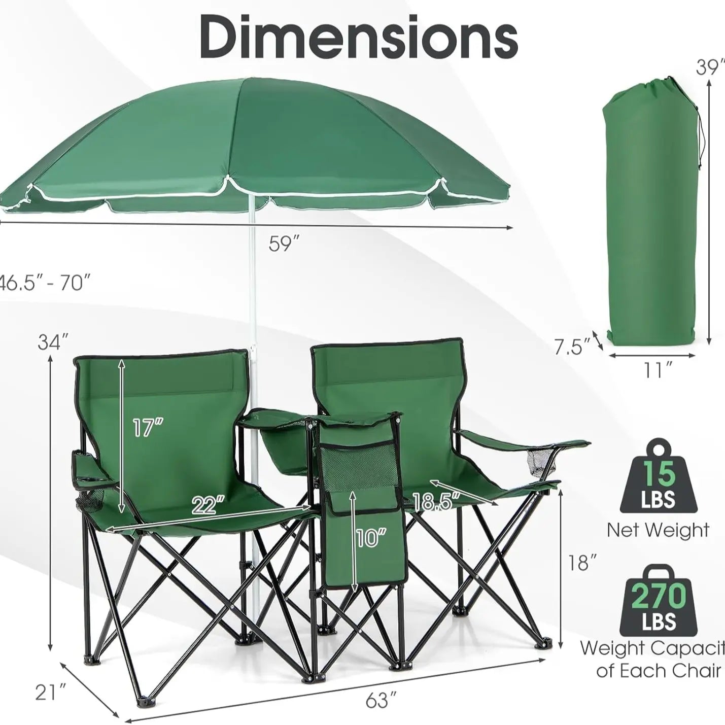 [Mother'S Day Gift] COSTWAY Double Portable Picnic Chairs, Folding Camping Chairs W/Detachable Umbrella, Cooler Bag, Cup Holders, Patio Beach Camping Chairs for Outdoors Football Baseball Season