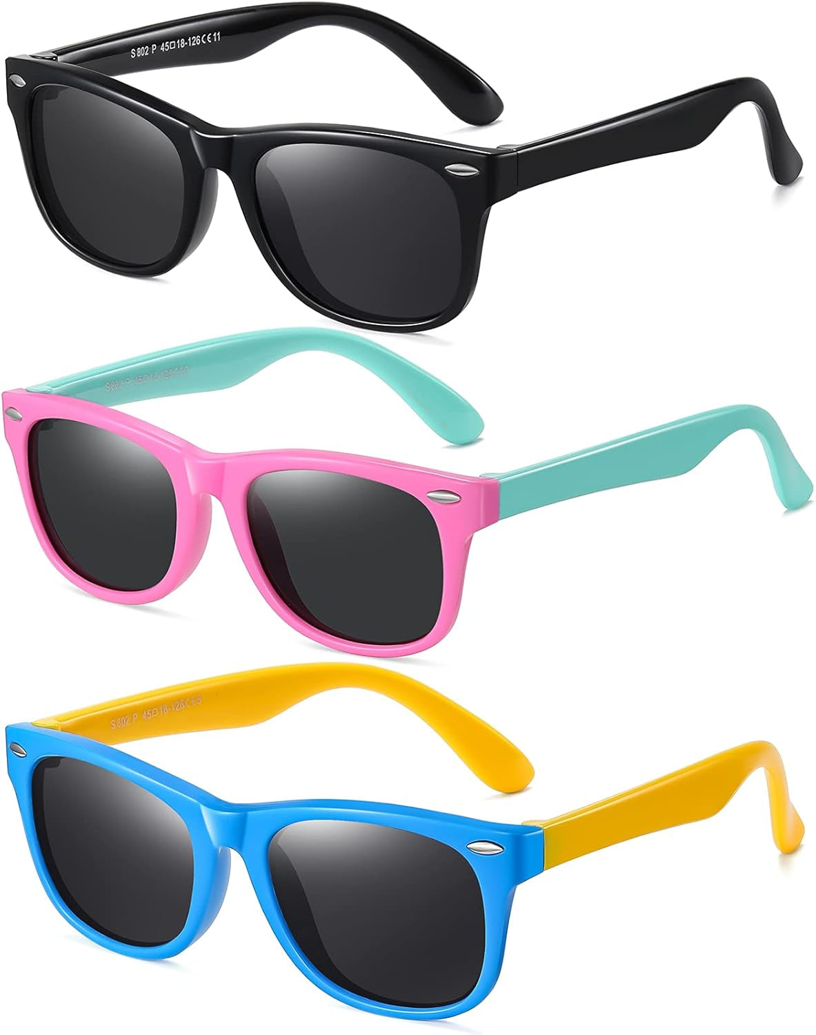 Kids Polarized Sunglasses for Girls Boys 3 Pack, Flexible TPEE Rubber Frame for Children Age 3-8.