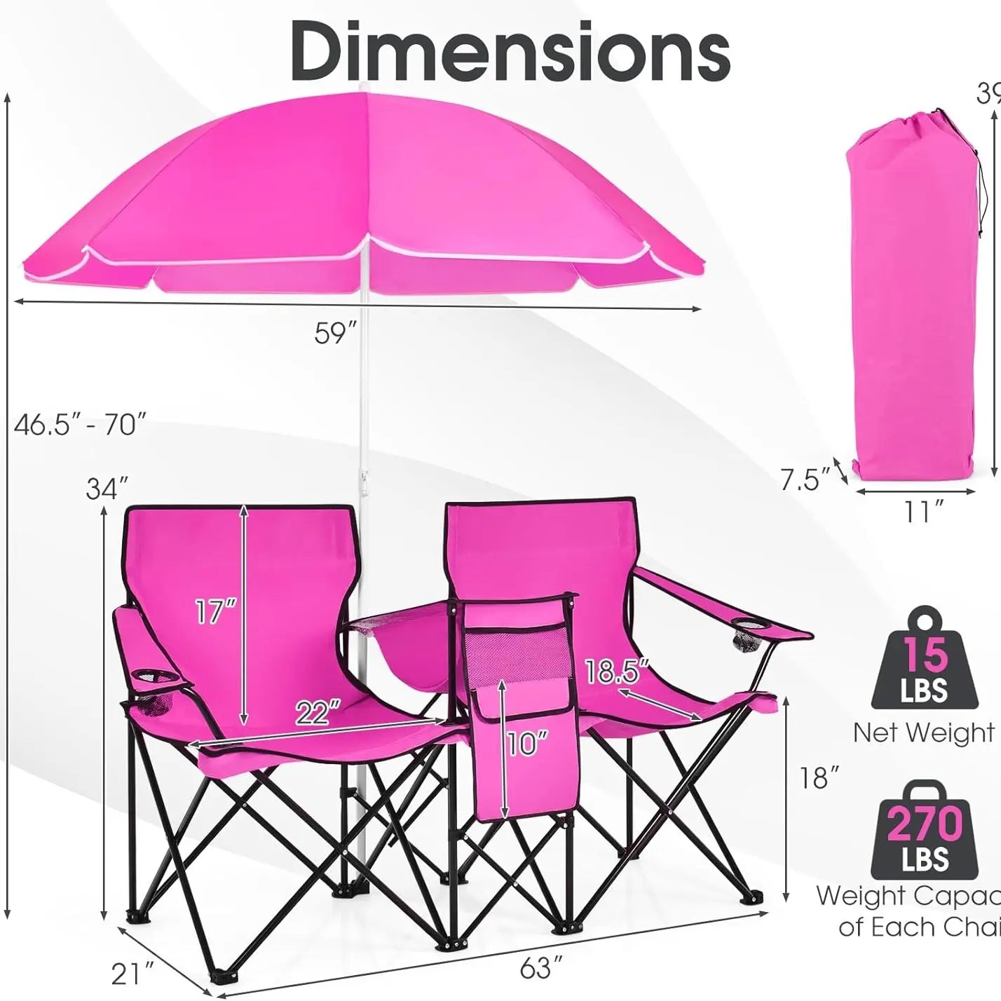 [Mother'S Day Gift] COSTWAY Double Portable Picnic Chairs, Folding Camping Chairs W/Detachable Umbrella, Cooler Bag, Cup Holders, Patio Beach Camping Chairs for Outdoors Football Baseball Season