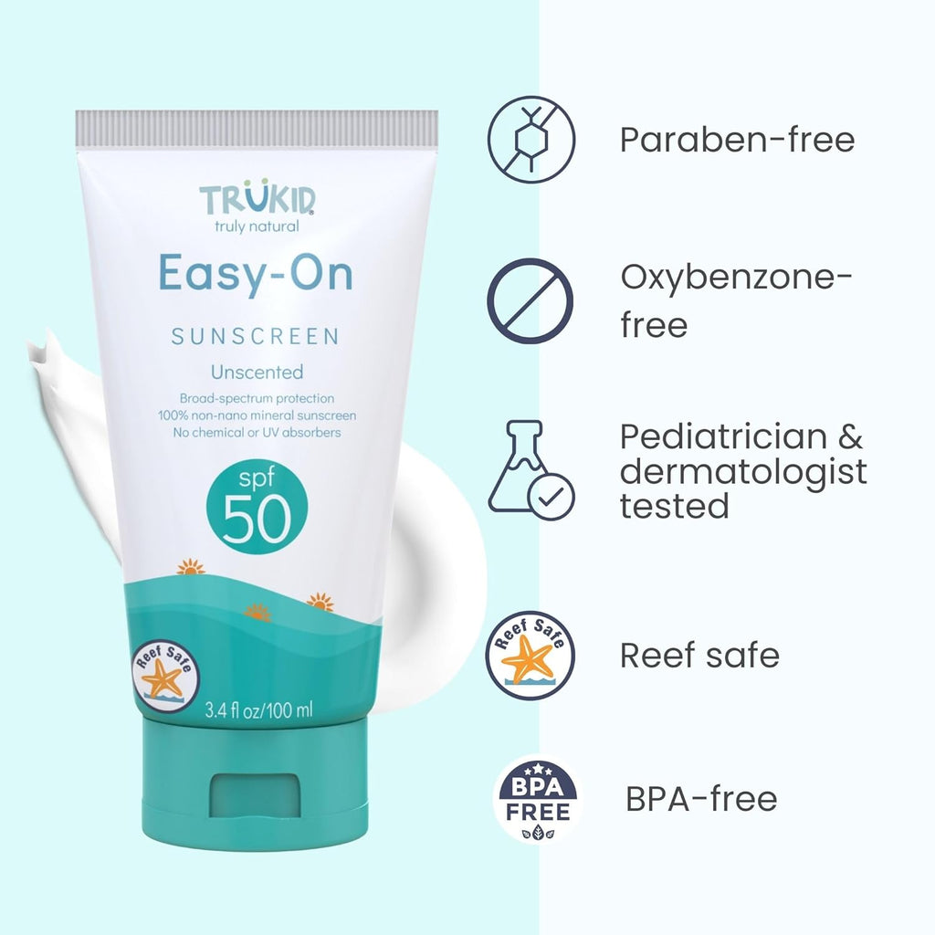 Easy on Mineral Sunscreen SPF 50 - Kids & Baby Sunscreen for Face & Body, Non-Toxic Zinc Oxide Sunblock Protection for Sensitive Skin, Unscented, FSA Eligible, Travel Size 3.4Oz