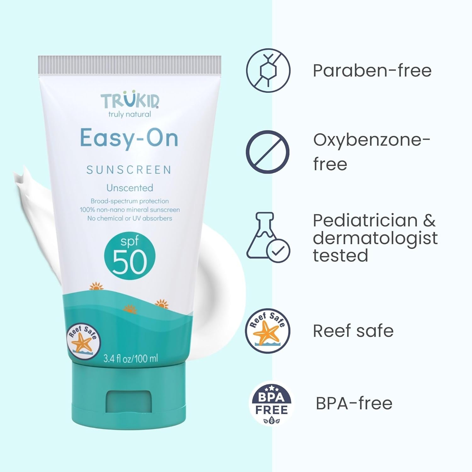 Easy on Mineral Sunscreen SPF 50 - Kids & Baby Sunscreen for Face & Body, Non-Toxic Zinc Oxide Sunblock Protection for Sensitive Skin, Unscented, FSA Eligible, Travel Size 3.4Oz