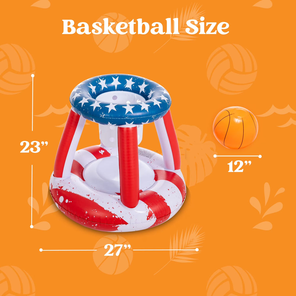 Inflatable Pool Floats Set American Flag Volleyball Net & Basketball Hoops, Summer Swimming Pool Game Toy for Adults & Kids