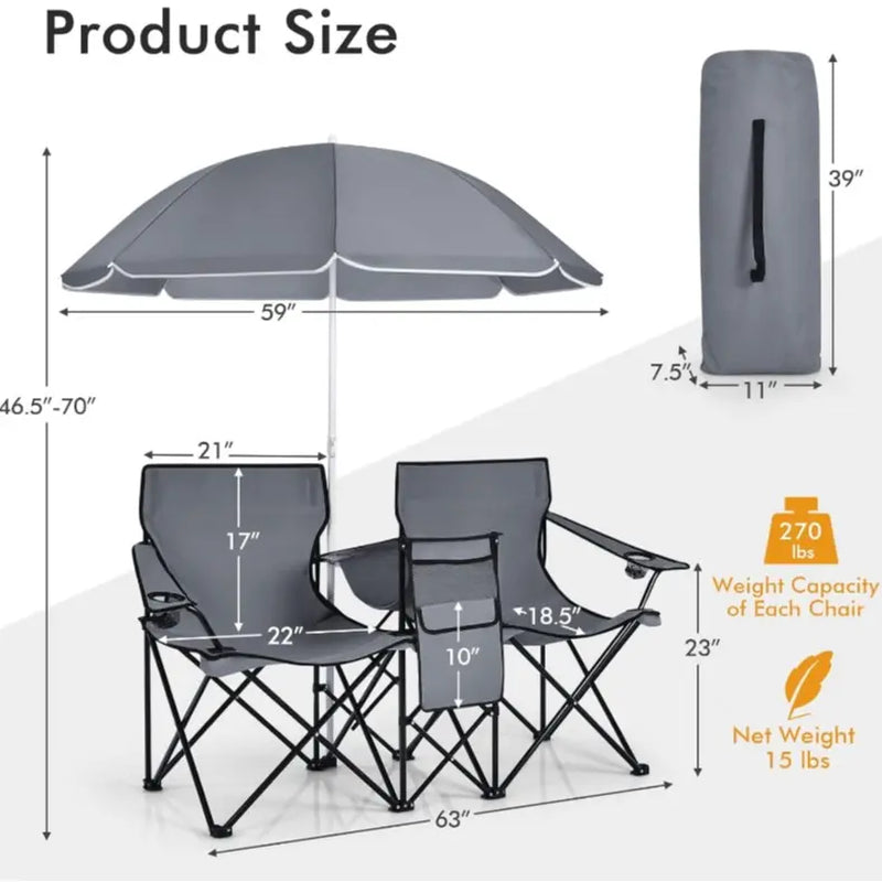 [Mother'S Day Gift] COSTWAY Double Portable Picnic Chairs, Folding Camping Chairs W/Detachable Umbrella, Cooler Bag, Cup Holders, Patio Beach Camping Chairs for Outdoors Football Baseball Season