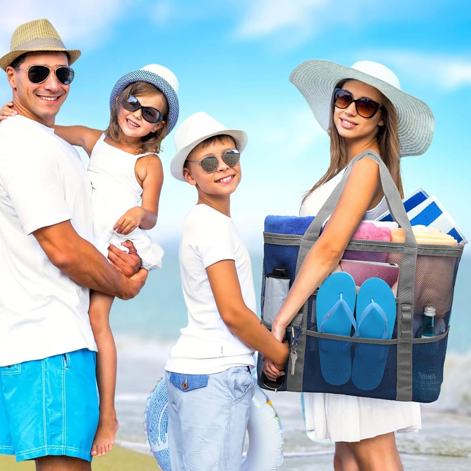 Mesh Beach Bag Family - Large Tote Bag 9 Pockets for Swim Pool Toys Cruise Beach Vacation Essentials
