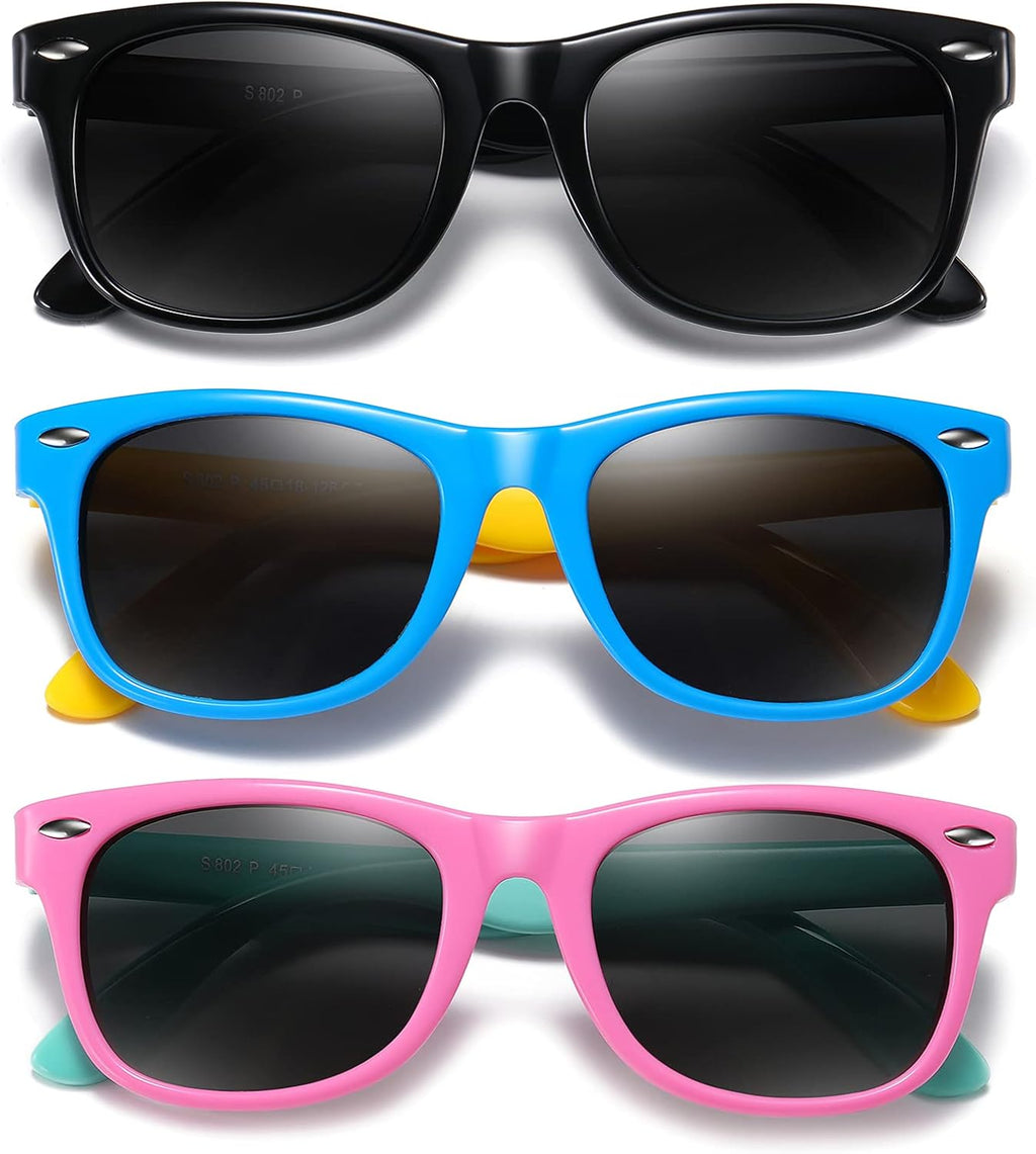 Kids Polarized Sunglasses for Girls Boys 3 Pack, Flexible TPEE Rubber Frame for Children Age 3-8.
