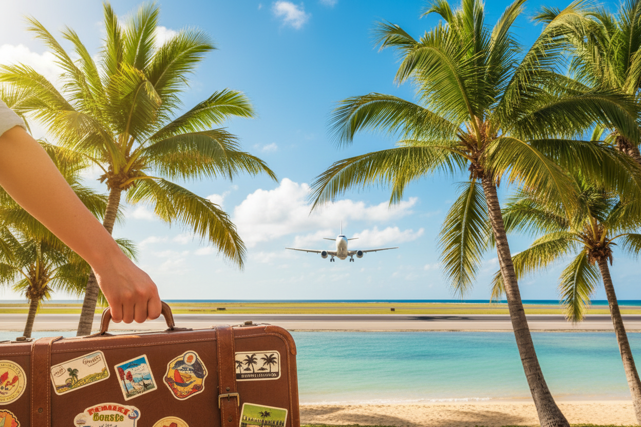 Person holding a suitcase with travel stickers near palm trees and an airplane taking off.