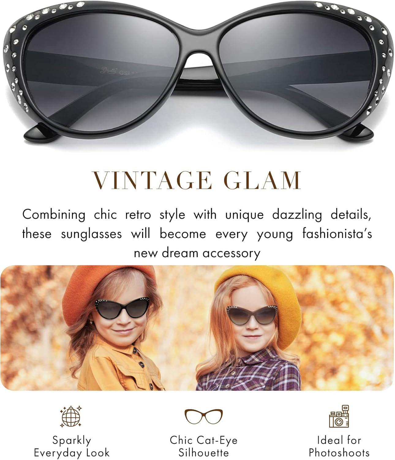 Cute Kids Retro Cat Eye Rhinestone Sunglasses for Teen Girls and Children Age 6-14