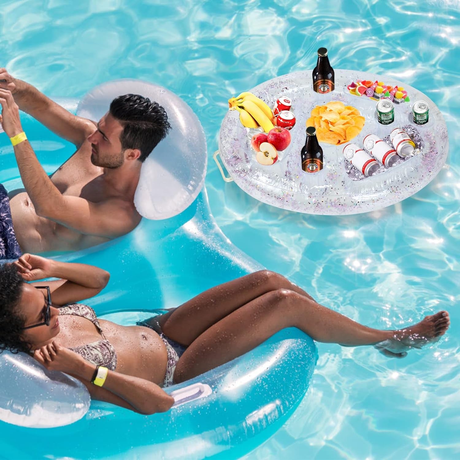 Inflatable Drink Holder, Dingrich Floating Drink Holder Floating Tray, Pool Drink Holder Floats with 8 Holes for Swimming Pool Party, Water Fun, Beach Theme Party (Transparent, 27.56 X 19.68 In)
