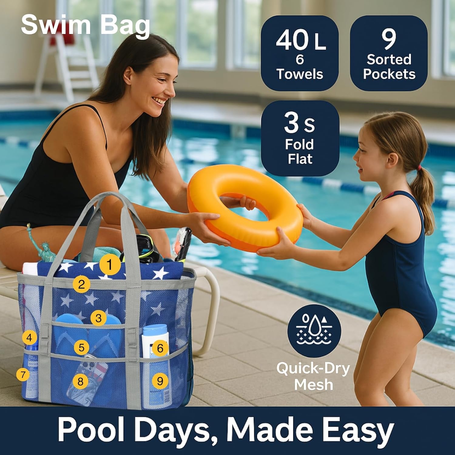 Mesh Beach Bag Family - Large Tote Bag 9 Pockets for Swim Pool Toys Cruise Beach Vacation Essentials
