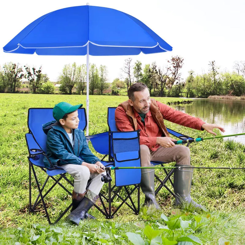 [Mother'S Day Gift] COSTWAY Double Portable Picnic Chairs, Folding Camping Chairs W/Detachable Umbrella, Cooler Bag, Cup Holders, Patio Beach Camping Chairs for Outdoors Football Baseball Season