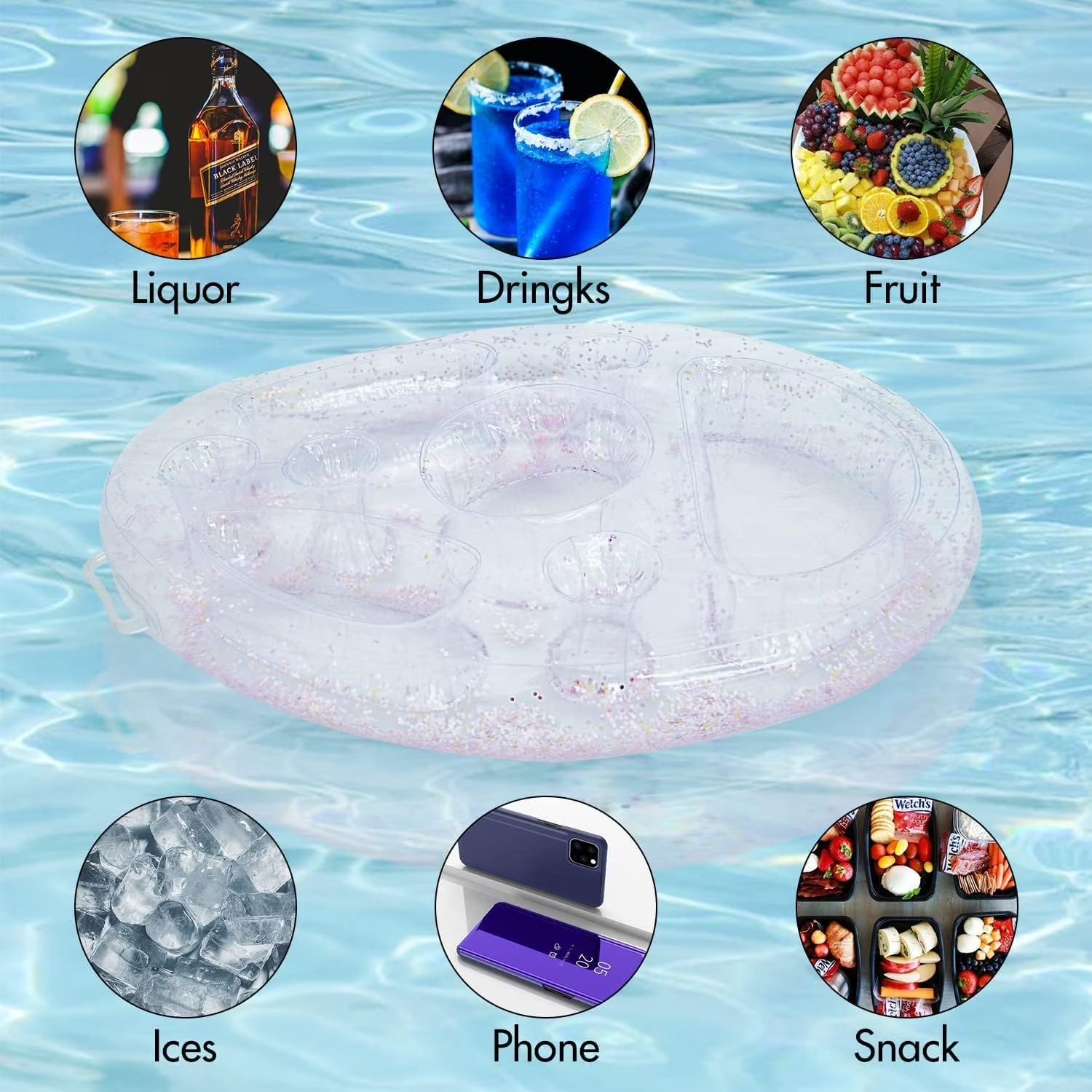 Inflatable Drink Holder, Dingrich Floating Drink Holder Floating Tray, Pool Drink Holder Floats with 8 Holes for Swimming Pool Party, Water Fun, Beach Theme Party (Transparent, 27.56 X 19.68 In)