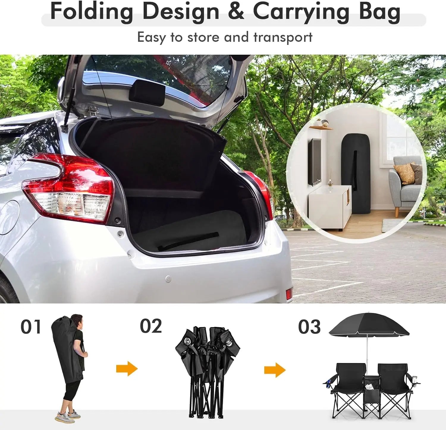 [Mother'S Day Gift] COSTWAY Double Portable Picnic Chairs, Folding Camping Chairs W/Detachable Umbrella, Cooler Bag, Cup Holders, Patio Beach Camping Chairs for Outdoors Football Baseball Season
