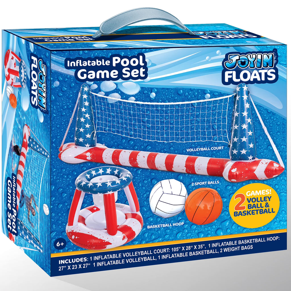 Inflatable Pool Floats Set American Flag Volleyball Net & Basketball Hoops, Summer Swimming Pool Game Toy for Adults & Kids