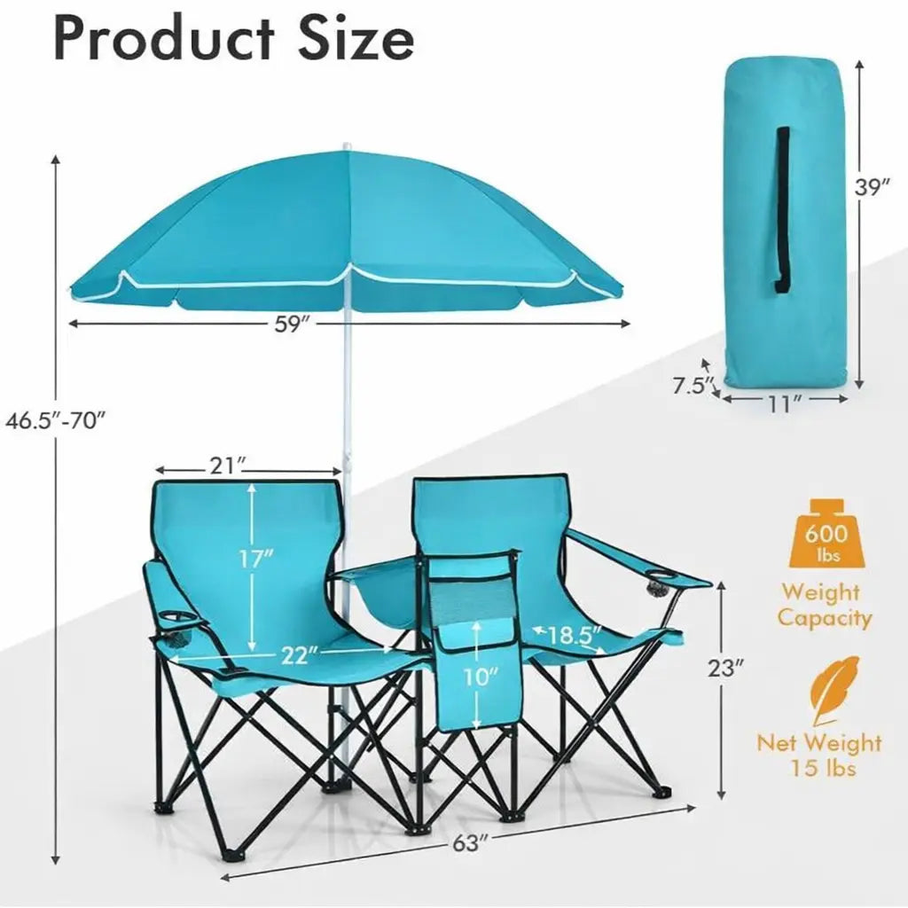 [Mother'S Day Gift] COSTWAY Double Portable Picnic Chairs, Folding Camping Chairs W/Detachable Umbrella, Cooler Bag, Cup Holders, Patio Beach Camping Chairs for Outdoors Football Baseball Season