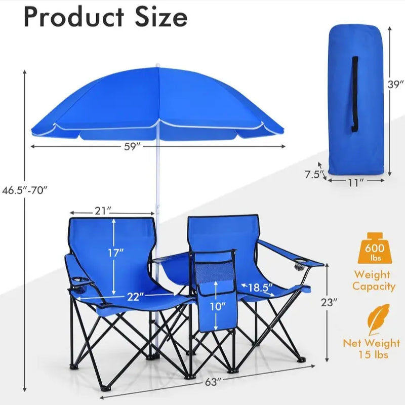 [Mother'S Day Gift] COSTWAY Double Portable Picnic Chairs, Folding Camping Chairs W/Detachable Umbrella, Cooler Bag, Cup Holders, Patio Beach Camping Chairs for Outdoors Football Baseball Season