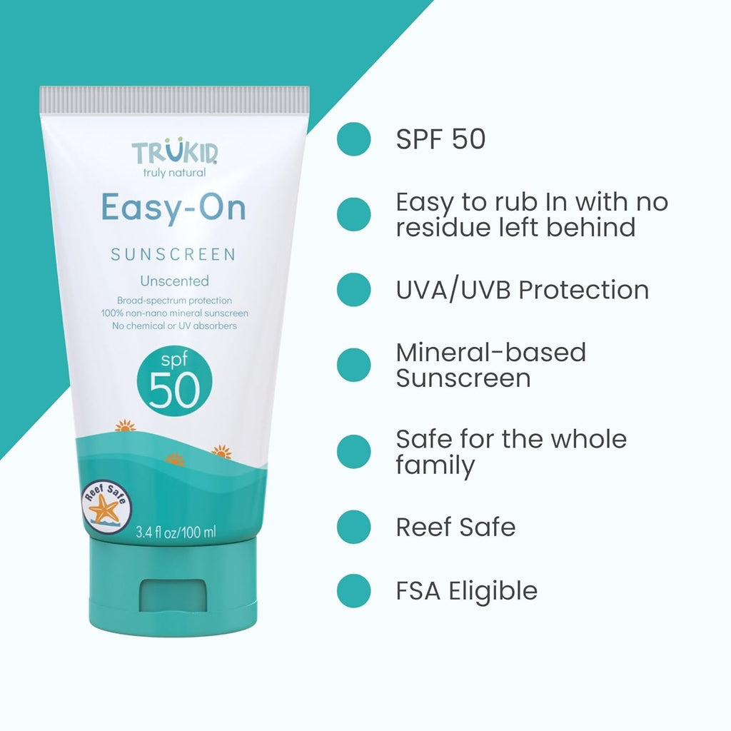 Easy on Mineral Sunscreen SPF 50 - Kids & Baby Sunscreen for Face & Body, Non-Toxic Zinc Oxide Sunblock Protection for Sensitive Skin, Unscented, FSA Eligible, Travel Size 3.4Oz