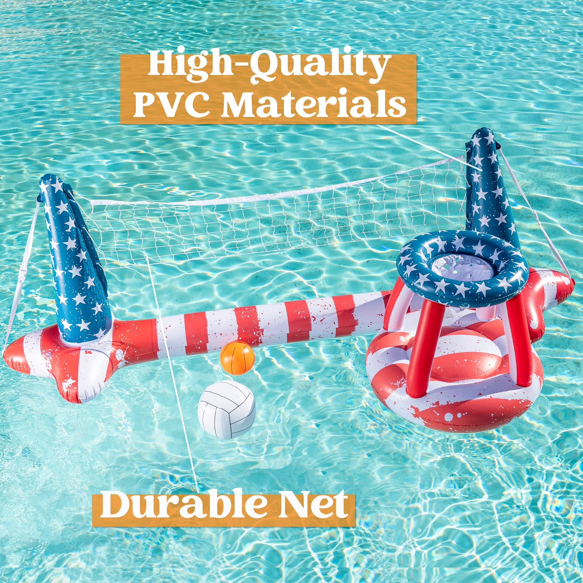 Inflatable Pool Floats Set American Flag Volleyball Net & Basketball Hoops, Summer Swimming Pool Game Toy for Adults & Kids