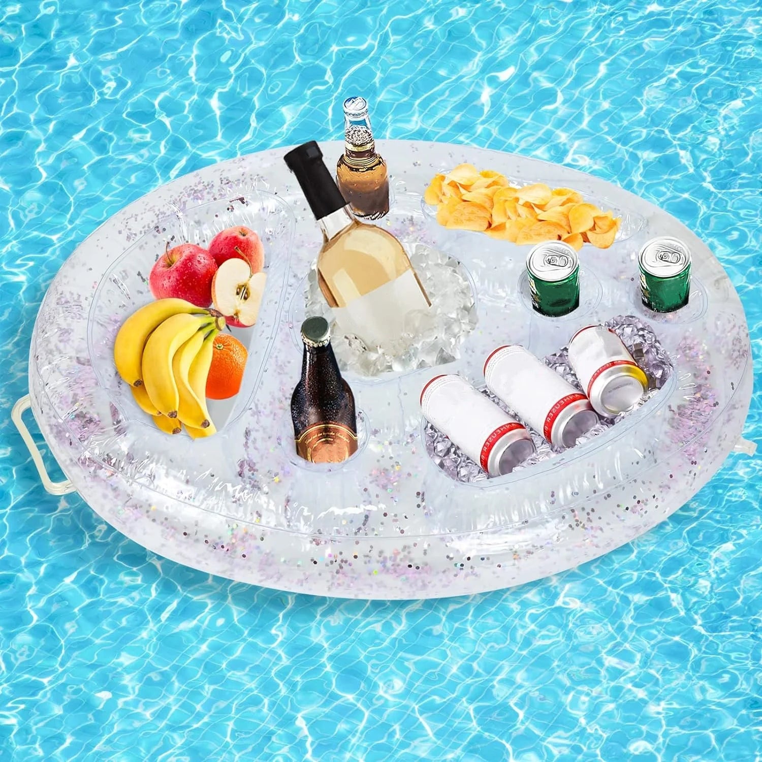Inflatable Drink Holder, Dingrich Floating Drink Holder Floating Tray, Pool Drink Holder Floats with 8 Holes for Swimming Pool Party, Water Fun, Beach Theme Party (Transparent, 27.56 X 19.68 In)