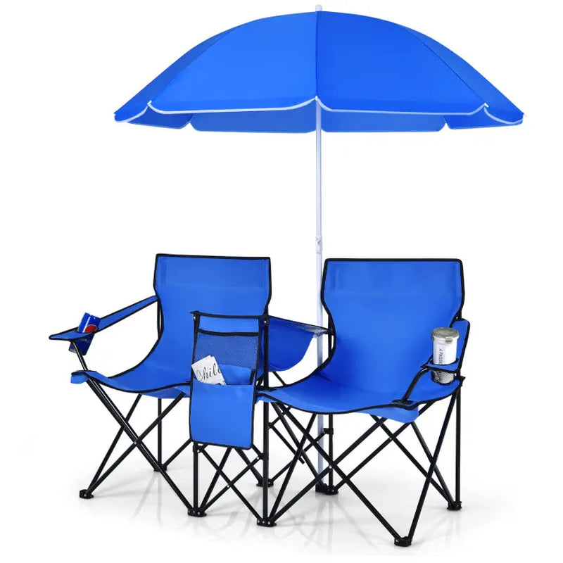 [Mother'S Day Gift] COSTWAY Double Portable Picnic Chairs, Folding Camping Chairs W/Detachable Umbrella, Cooler Bag, Cup Holders, Patio Beach Camping Chairs for Outdoors Football Baseball Season