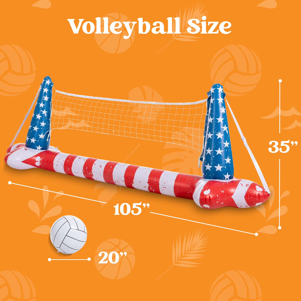 Inflatable Pool Floats Set American Flag Volleyball Net & Basketball Hoops, Summer Swimming Pool Game Toy for Adults & Kids